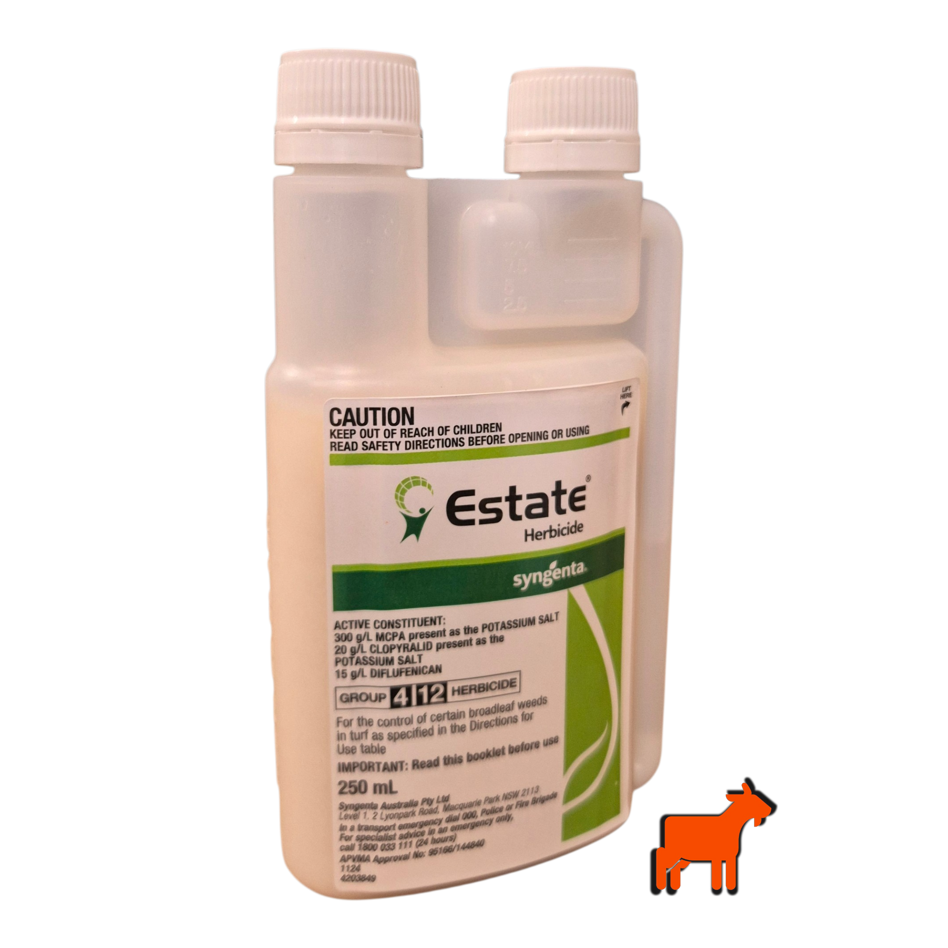 Estate Herbicide 250ml front label – lawn-safe selective herbicide for Buffalo, Kikuyu and Couch