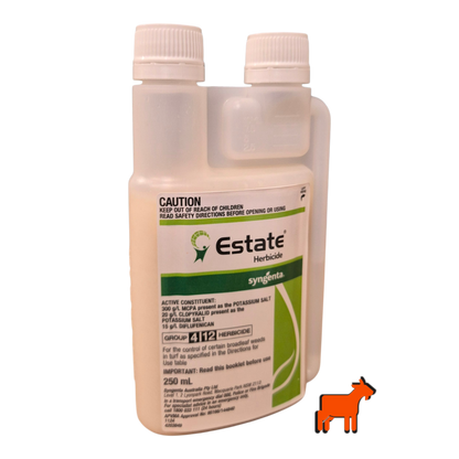 Estate Herbicide 250ml front label – lawn-safe selective herbicide for Buffalo, Kikuyu and Couch