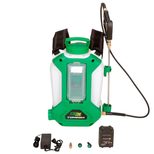 FlowZone Typhoon 3 included accessories – nozzles, wand, charger and hose laid out
