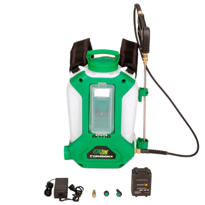 FlowZone Typhoon 3 included accessories – nozzles, wand, charger and hose laid out