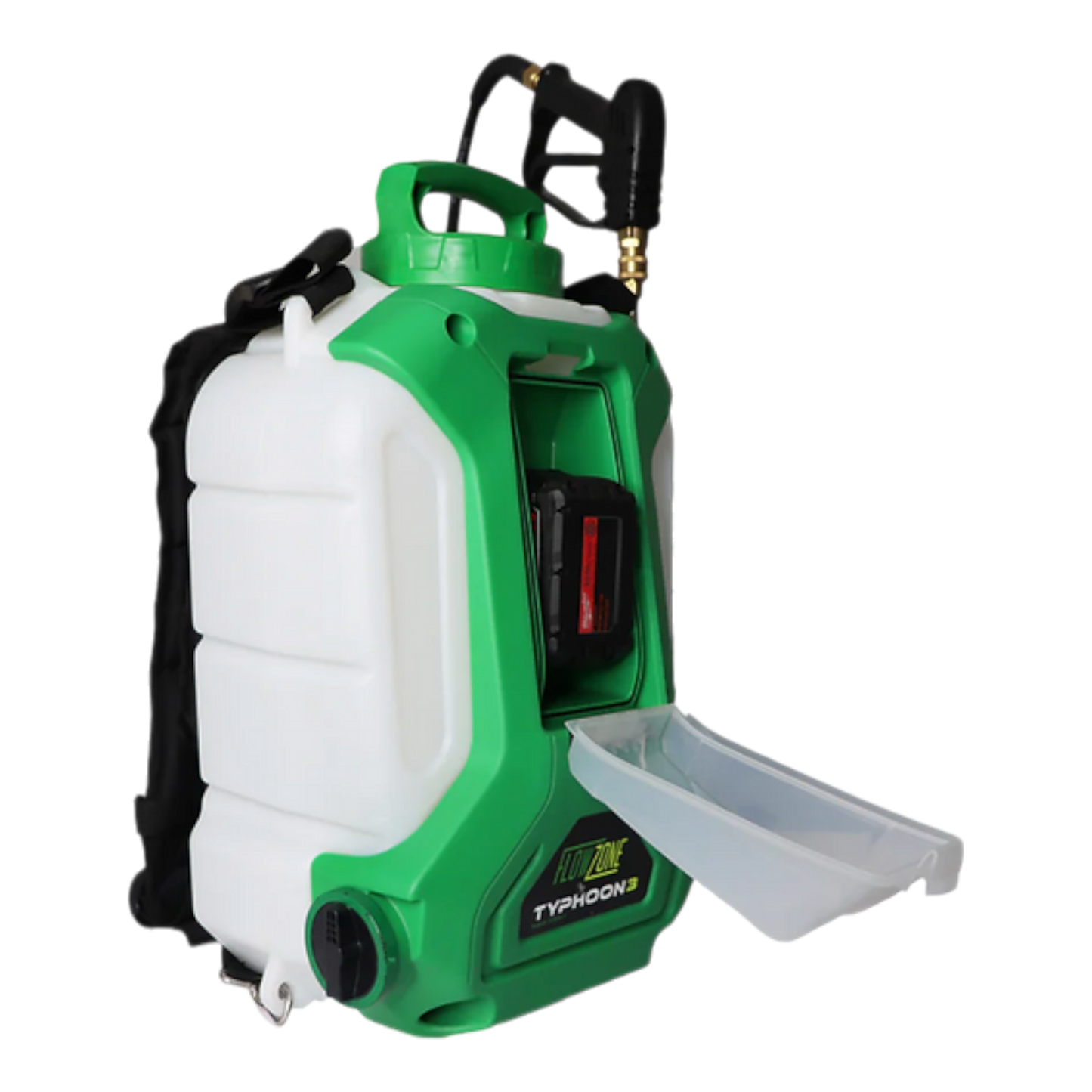 FlowZone Typhoon G3 battery adapter fitted to Typhoon G3 backpack sprayer – compatible with Makita, Milwaukee and DeWalt