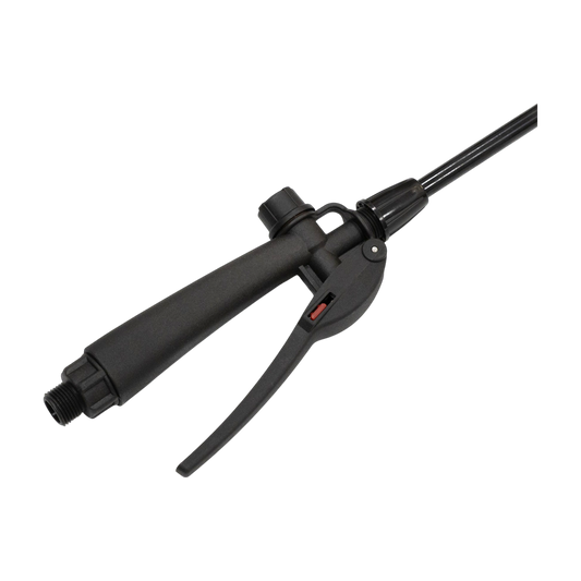 FlowZone Typhoon3 boom M18 wand and gun handle detail showing sprayer attachment mechanism