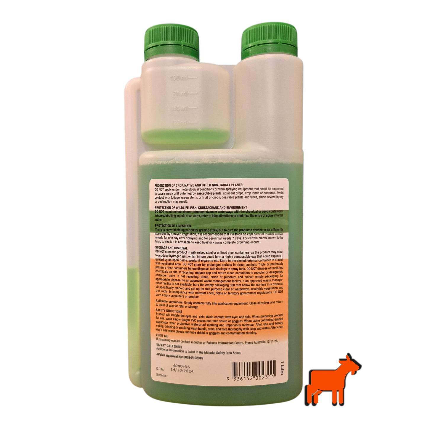 Glyphosate 360 1L back label showing application rates, dilution guide and safety directions