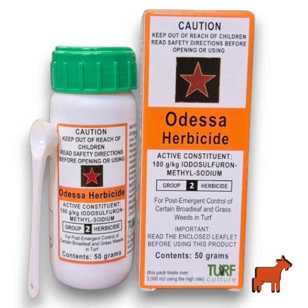Odessa Herbicide 50g pack with measuring spoon – selective herbicide for onion weed and Guildford grass control