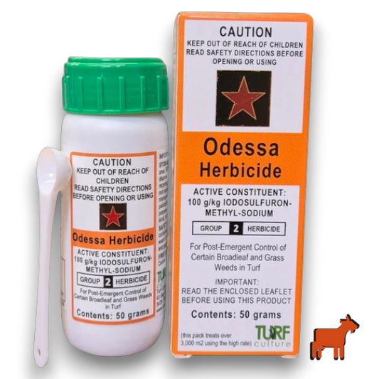 Odessa Herbicide 50g pack with measuring spoon – selective herbicide for onion weed and Guildford grass control