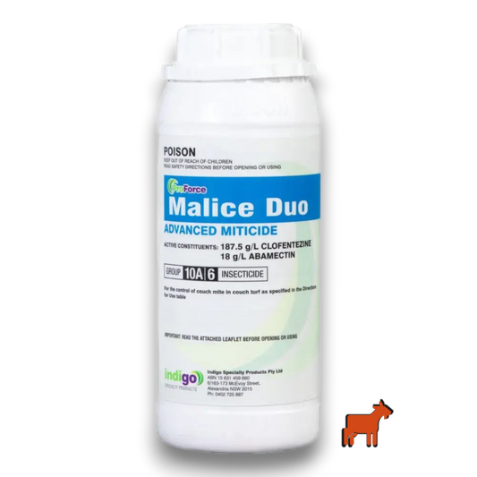 Indigo Malice Duo 1L dual-active couch mite miticide for Australian couch grass lawns