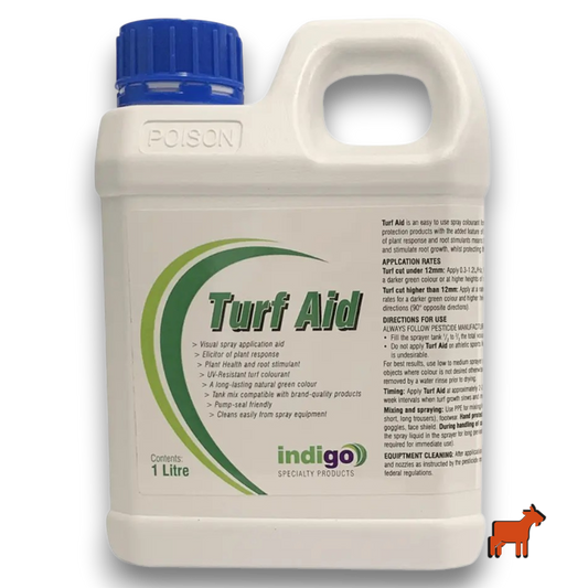 Indigo Turf Aid 1L bottle – instant green lawn colourant and visual spray indicator for Australian turf