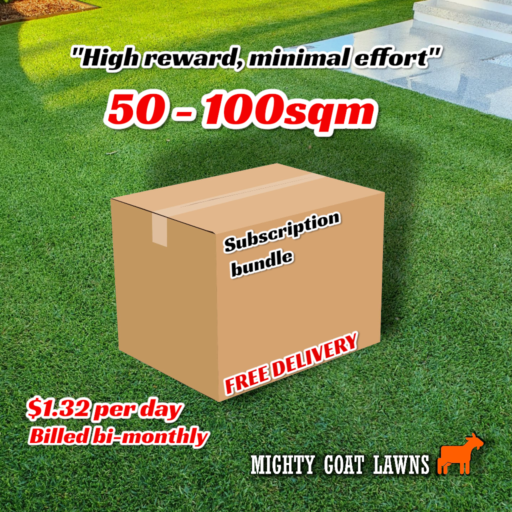 Mighty Goat Lawns lawn care subscription box contents for 50–100m² lawns – seasonal fertiliser, wetting agent and soil amendments
