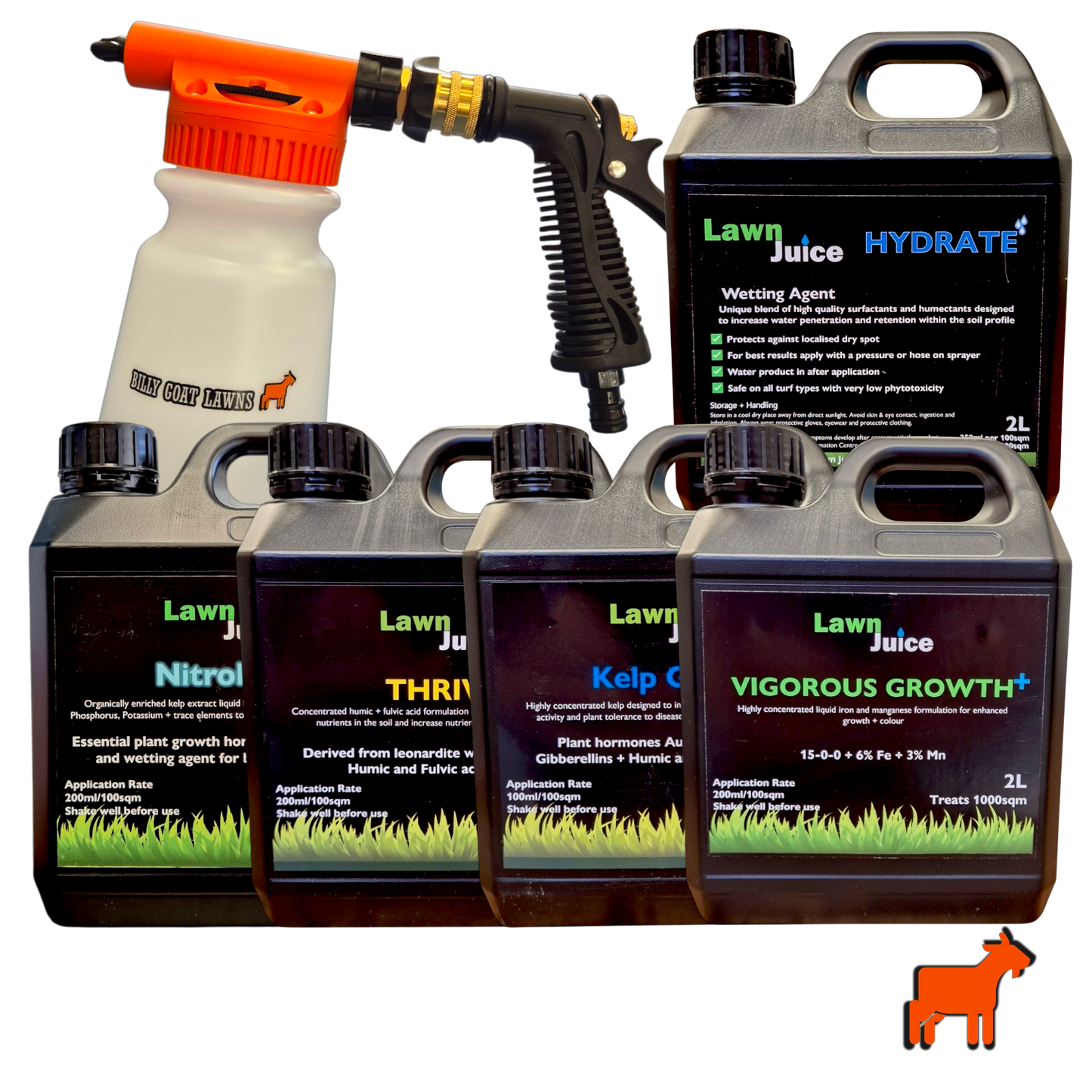 Lawn Juice complete liquid lawn care bundle with hose-on sprayer included