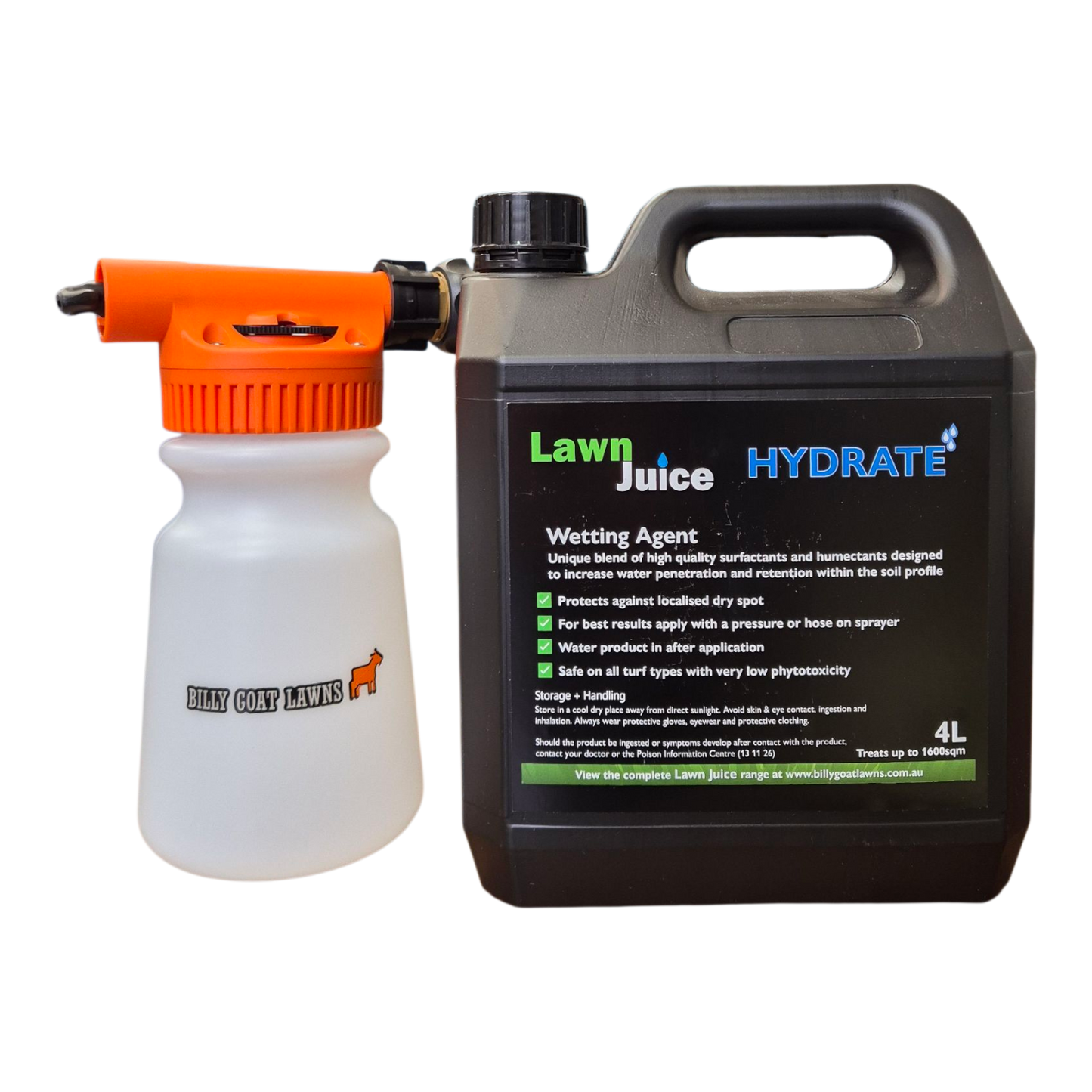 Lawn Juice Hydrate 4L with hose-on sprayer included for easy lawn wetting agent application