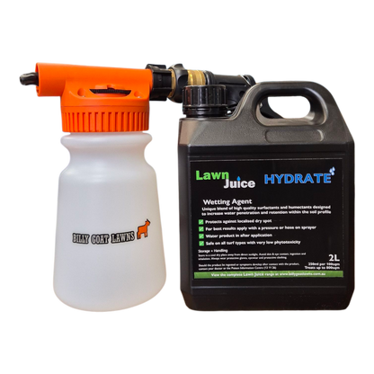 Lawn Juice Hydrate being applied to dry patch in Australian lawn using hose-on sprayer