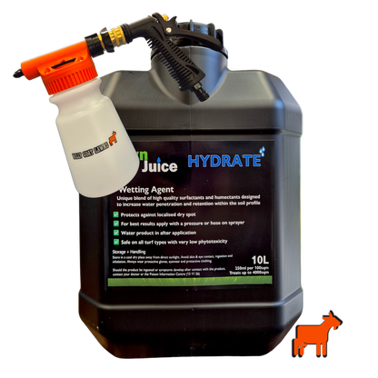 Lawn Juice Hydrate label detail showing application rates for hose-on and pressure sprayer