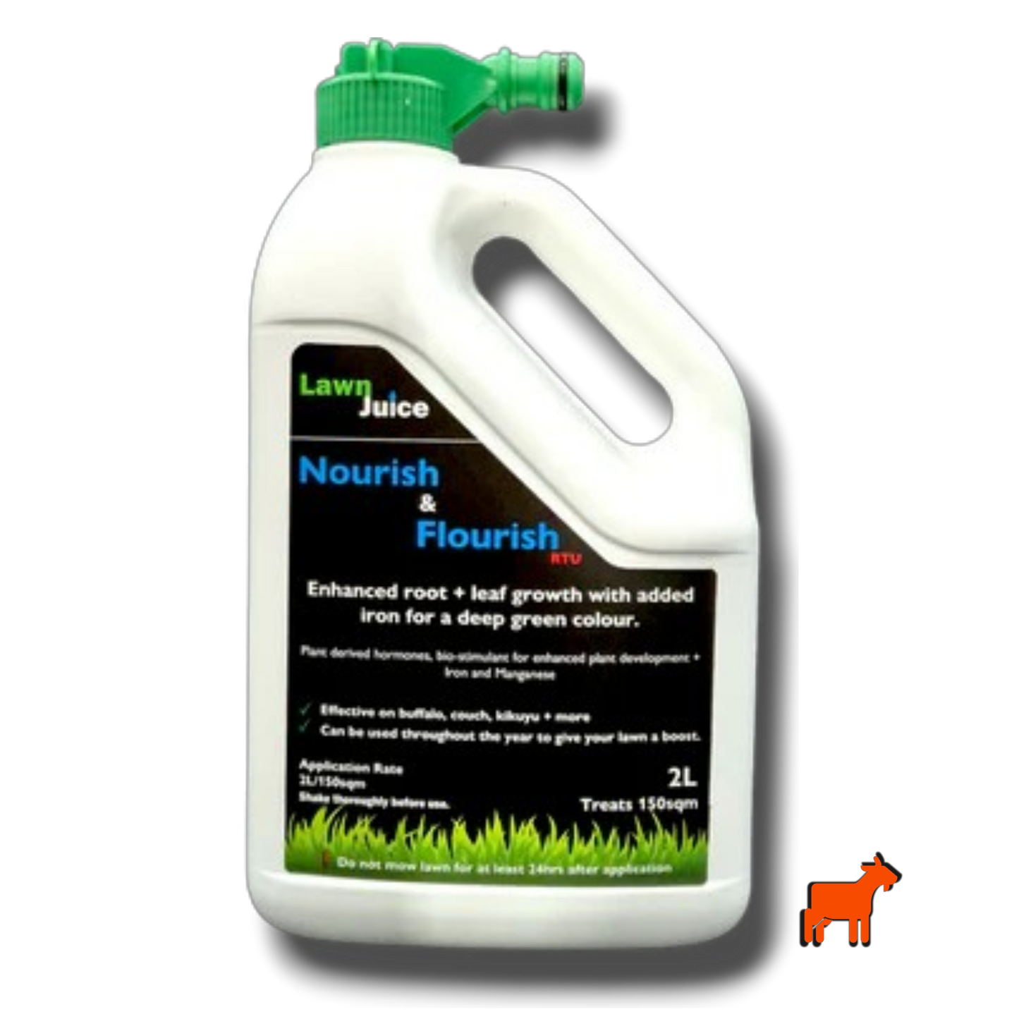Lawn Juice Nourish and Flourish 2L ready-to-use hose-on liquid fertiliser for Australian lawns – nitrogen, iron and kelp