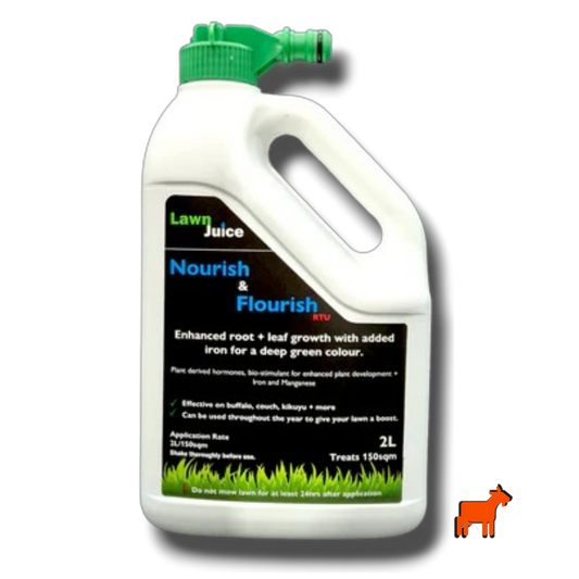 Lawn Juice Nourish and Flourish 2L ready-to-use hose-on liquid fertiliser for Australian lawns – nitrogen, iron and kelp