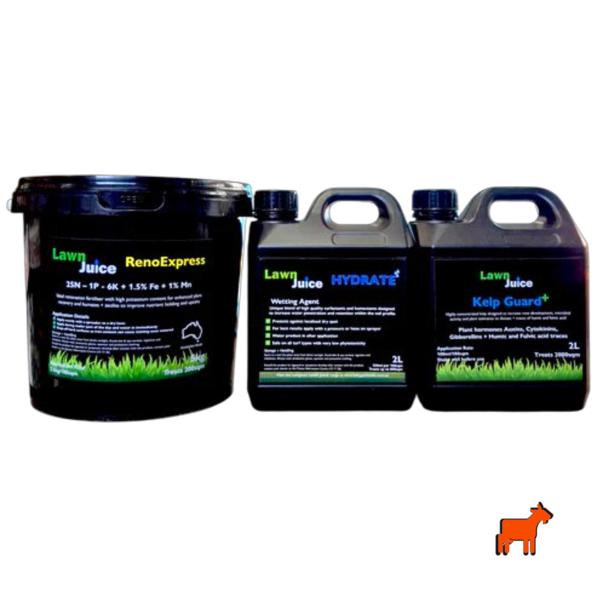 Lawn Juice Reno Pack – RenoExpress, Hydrate and Kelp Guard+ lawn renovation bundle hero shot