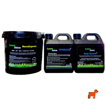 Lawn Juice Reno Pack – RenoExpress, Hydrate and Kelp Guard+ lawn renovation bundle hero shot
