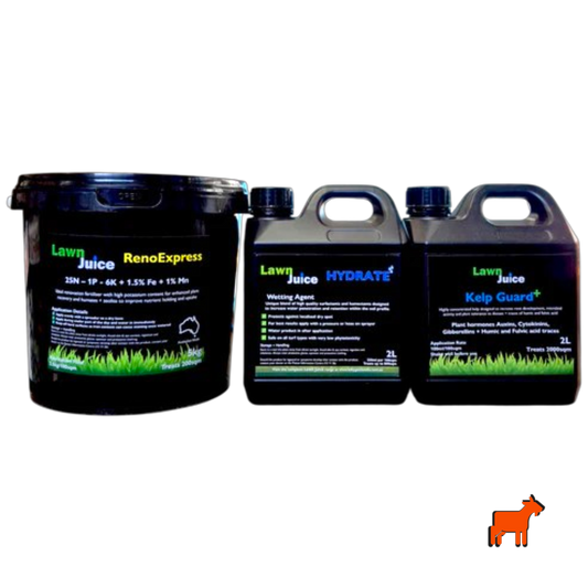Lawn Juice Reno Pack – RenoExpress, Hydrate and Kelp Guard+ lawn renovation bundle hero shot