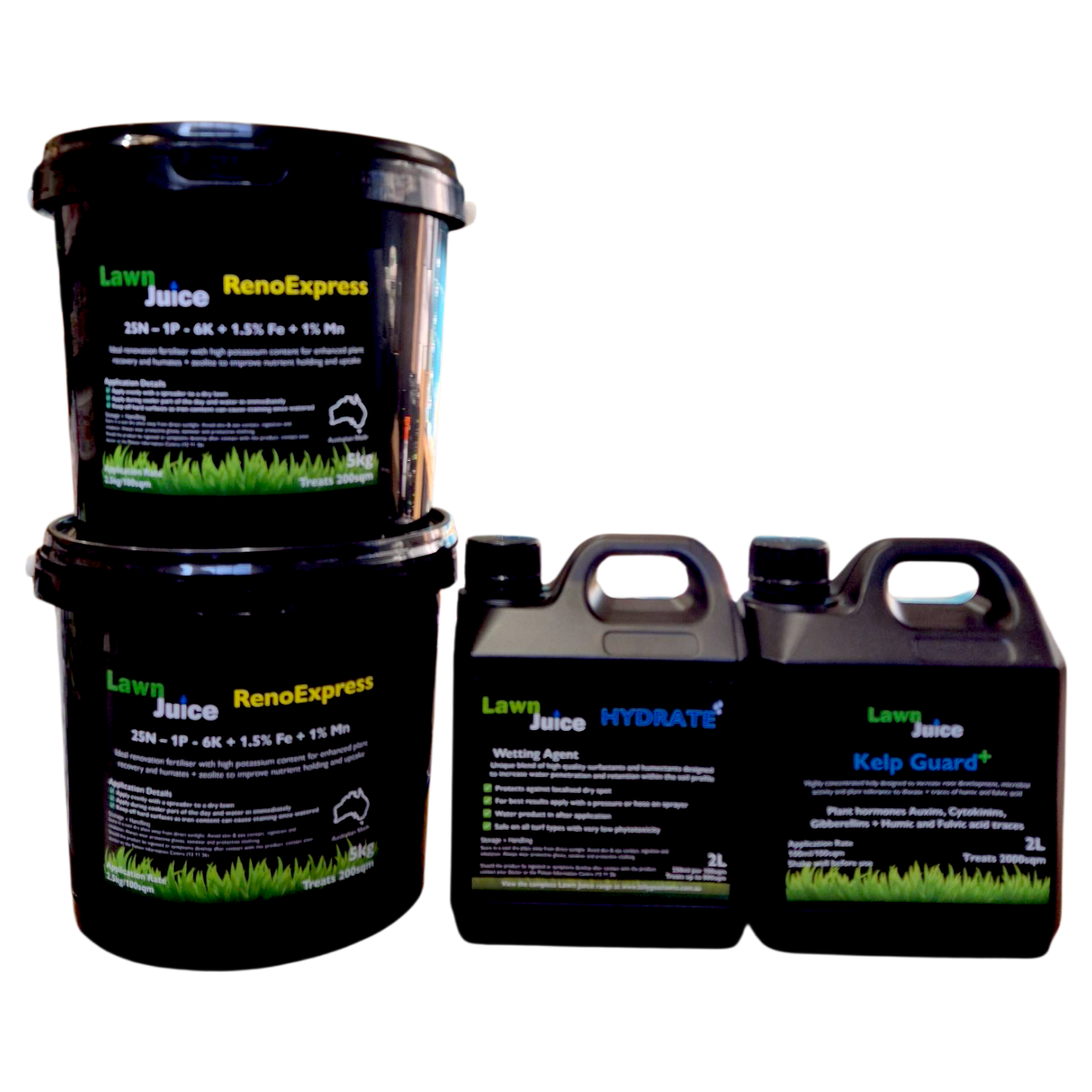 Lawn Juice Reno Pack products laid out – RenoExpress, Hydrate and Kelp Guard+ for complete lawn renovation