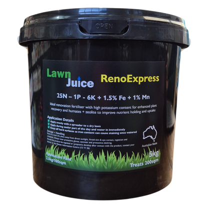 Lawn Juice RenoExpress 5kg granular fertiliser – included in the Lawn Juice Reno Pack for post-renovation growth