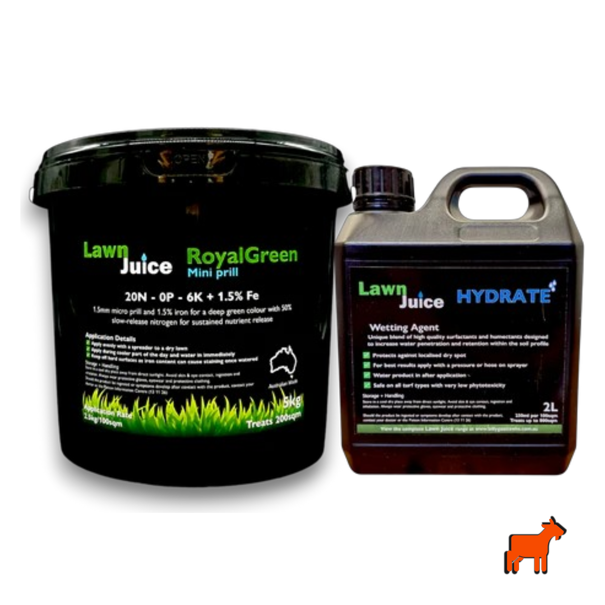 Lawn Juice warm season bundle showing RoyalGreen Mini-prill fertiliser and Hydrate concentrated wetting agent