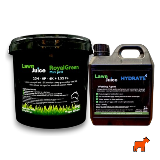 Lawn Juice warm season bundle showing RoyalGreen Mini-prill fertiliser and Hydrate concentrated wetting agent