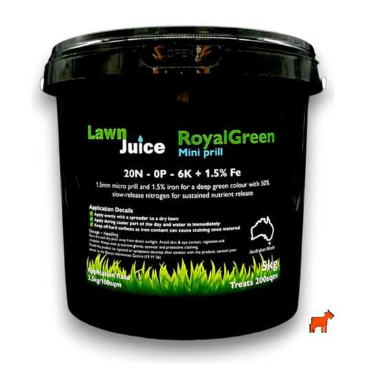Lawn Juice RoyalGreen Mini-prill granular fertiliser 5kg bag – 50% slow release nitrogen for Australian lawns