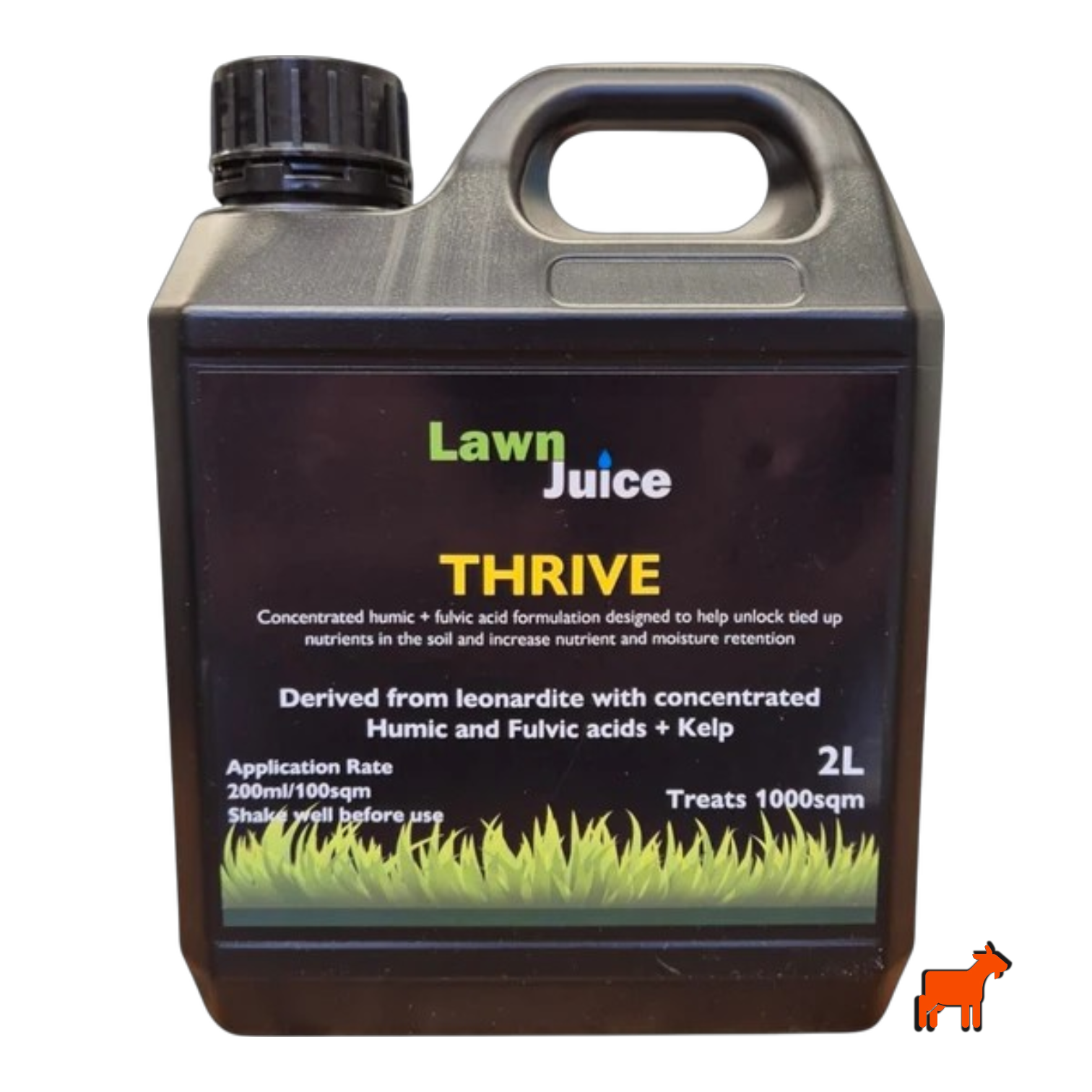 Lawn Juice Thrive humic and fulvic acid soil conditioner bottle – for improved nutrient absorption and water retention in Australian lawns
