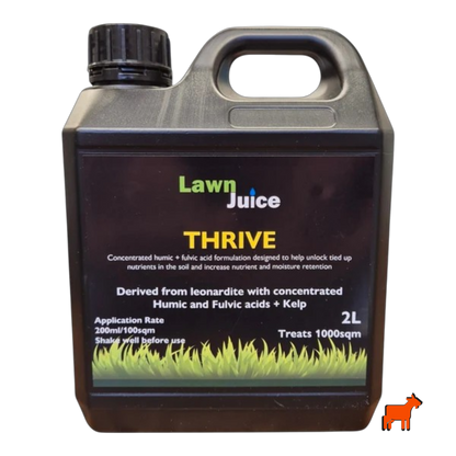 Lawn Juice Thrive humic and fulvic acid soil conditioner bottle – for improved nutrient absorption and water retention in Australian lawns