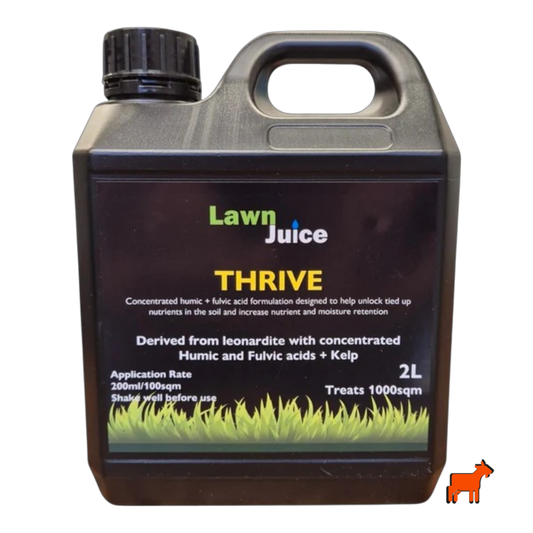 Lawn Juice Thrive humic and fulvic acid soil conditioner bottle – for improved nutrient absorption and water retention in Australian lawns