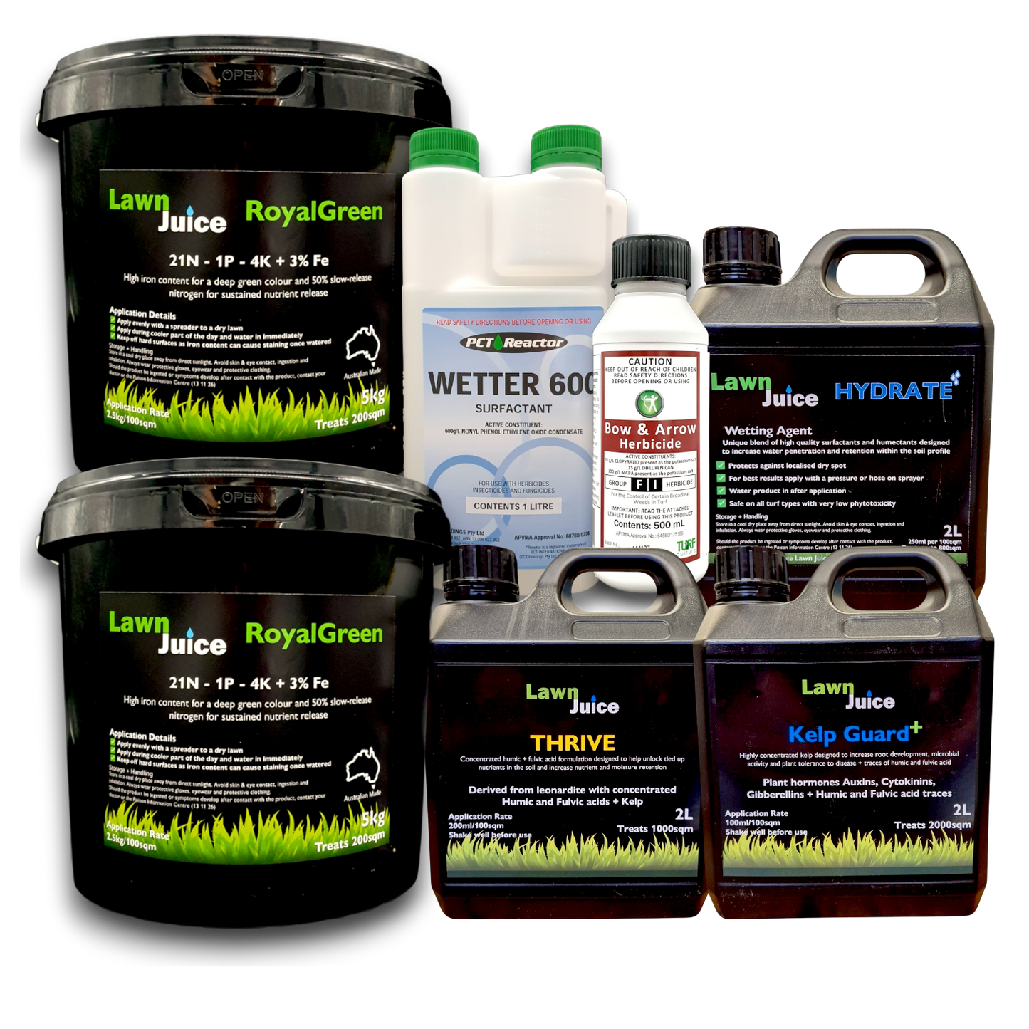Lawn Juice Ultimate Spring Bundle all products laid out – 6-product spring lawn care kit
