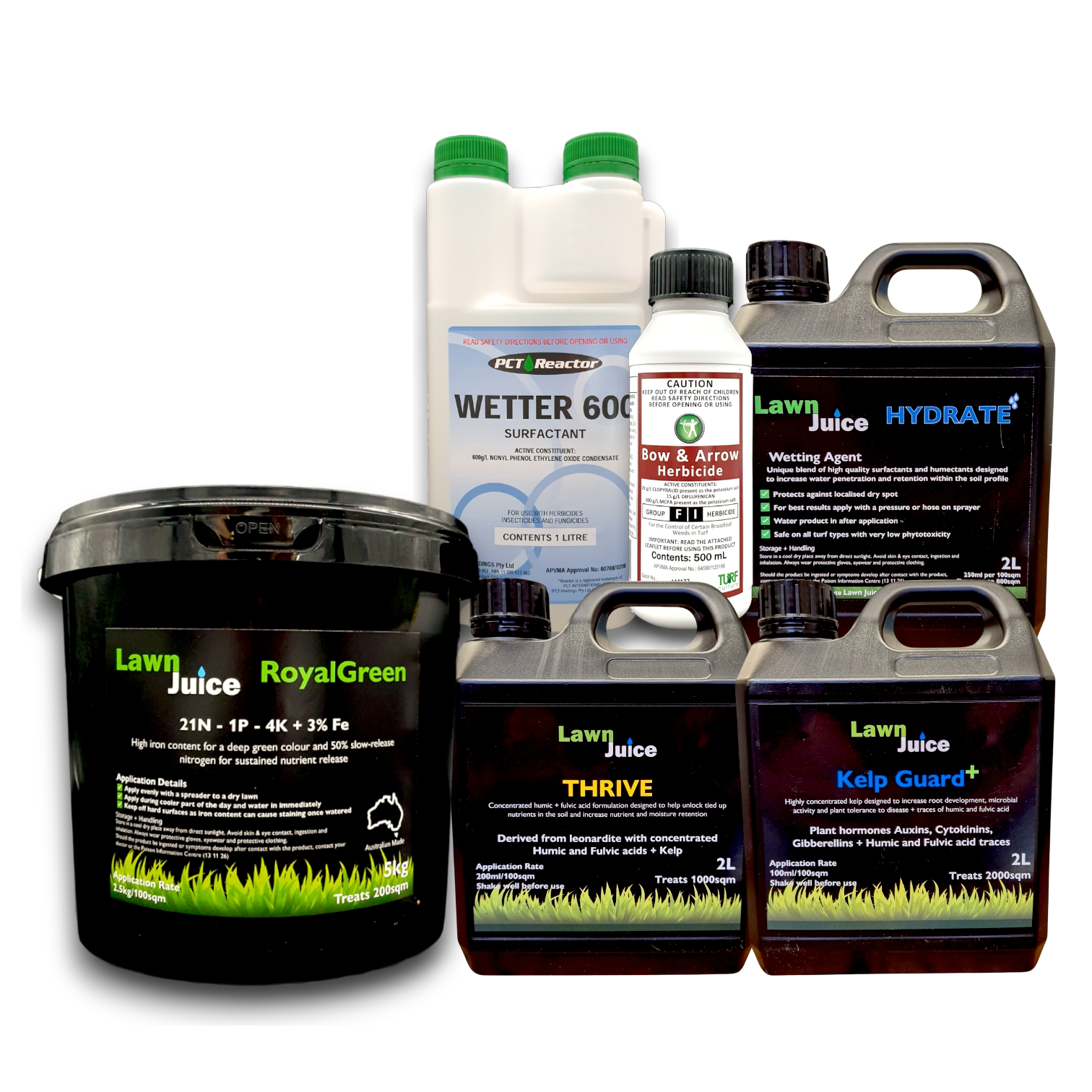 Lawn Juice Ultimate Spring Bundle – all 6 products: RoyalGreen, Thrive, Kelp Guard+, Hydrate, Bow and Arrow and Wetter 600