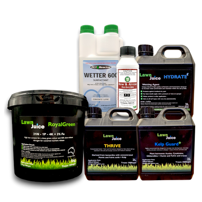 Lawn Juice Ultimate Spring Bundle – all 6 products: RoyalGreen, Thrive, Kelp Guard+, Hydrate, Bow and Arrow and Wetter 600