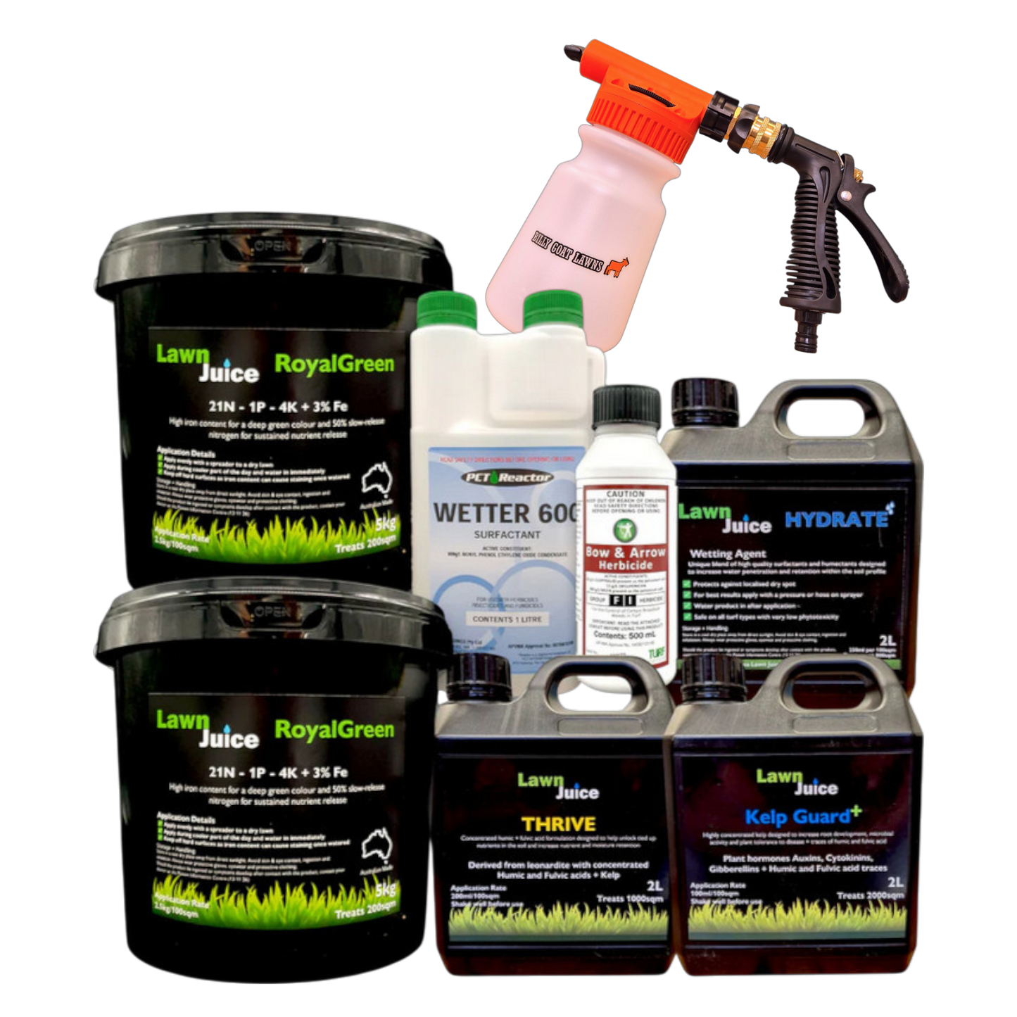 Lawn Juice Ultimate Spring Bundle containing fertiliser, kelp, humic acid and weed control products