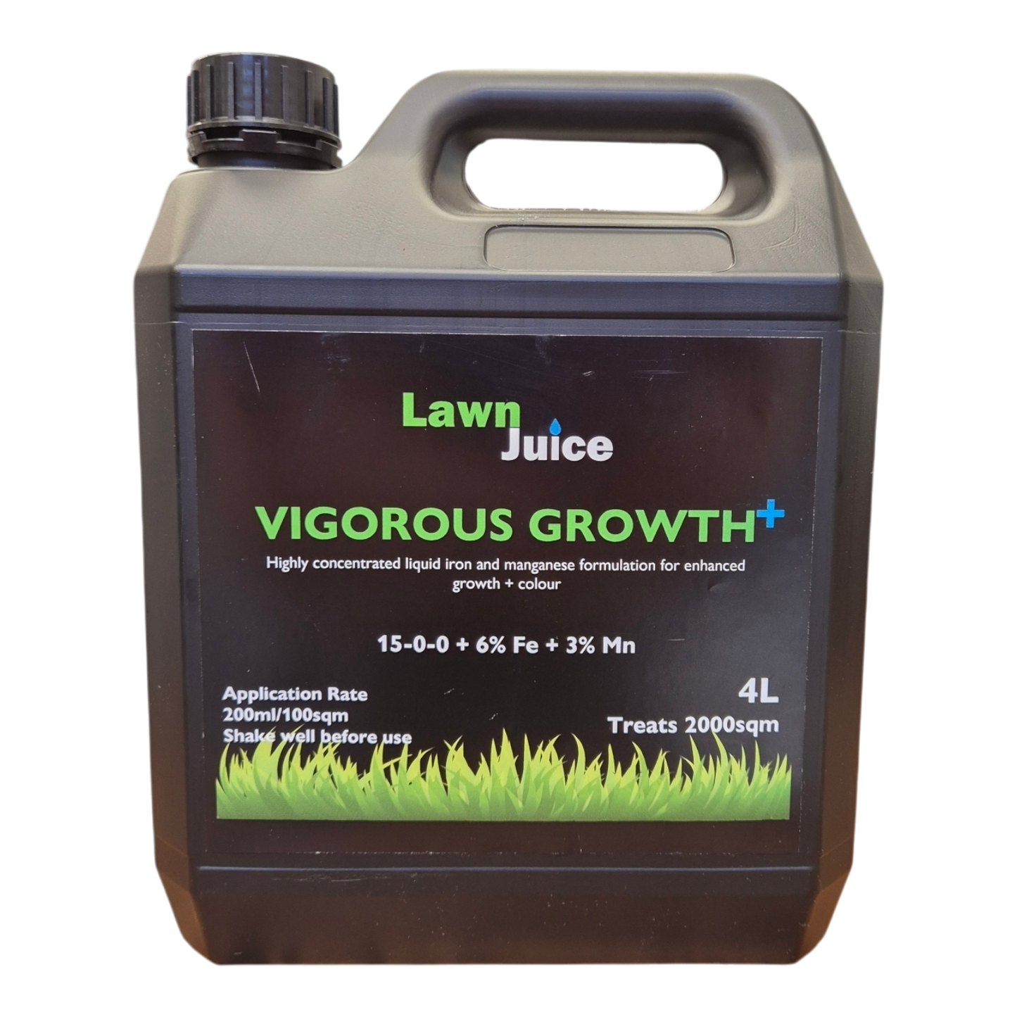 Lawn Juice Vigorous Growth+ product range – 2L, 4L and 10L liquid iron and manganese fertiliser bottles