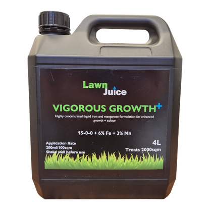 Lawn Juice Vigorous Growth+ product range – 2L, 4L and 10L liquid iron and manganese fertiliser bottles