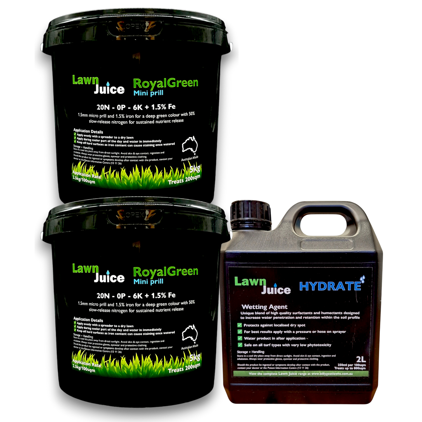 Lawn Juice RoyalGreen Mini-prill and Hydrate wetting agent laid out together for spring and summer lawn care