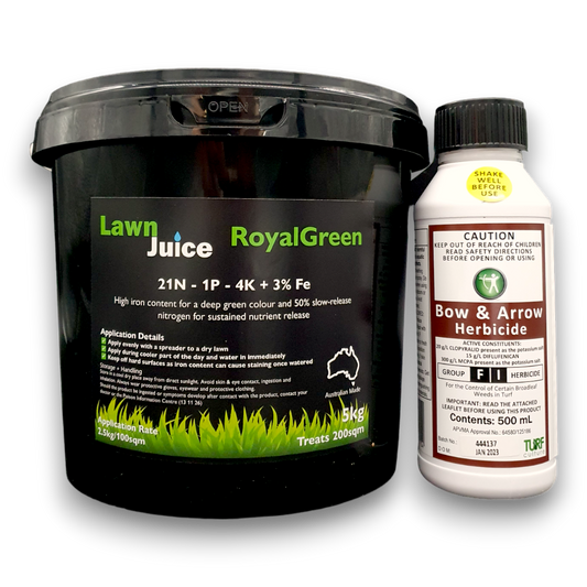 Lawn Juice Weed and Feed Bundle 200sqm – RoyalGreen granular fertiliser and Bow and Arrow herbicide
