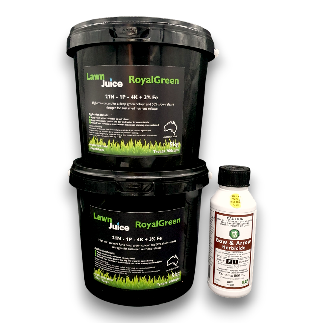 Lawn Juice Weed and Feed Bundle 400sqm – larger size RoyalGreen and Bow and Arrow herbicide pack for bigger lawns