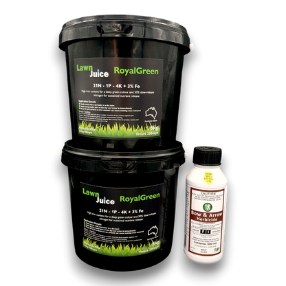 Lawn Juice Weed and Feed Bundle 400sqm – larger size RoyalGreen and Bow and Arrow herbicide pack for bigger lawns