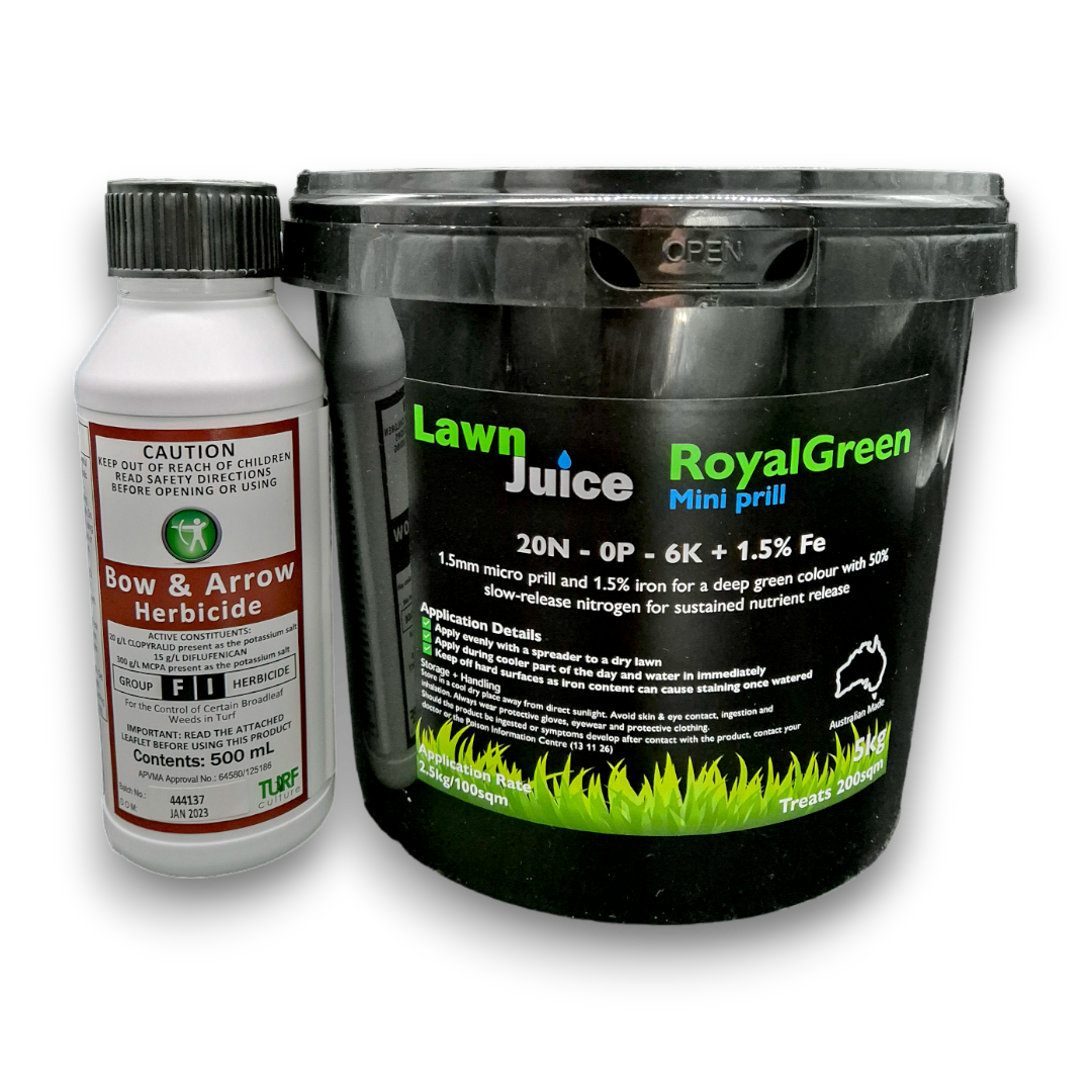 Lawn Juice Weed and Feed Mini-Prill bundle 200sqm – RoyalGreen mini-prill fertiliser and Bow and Arrow herbicide