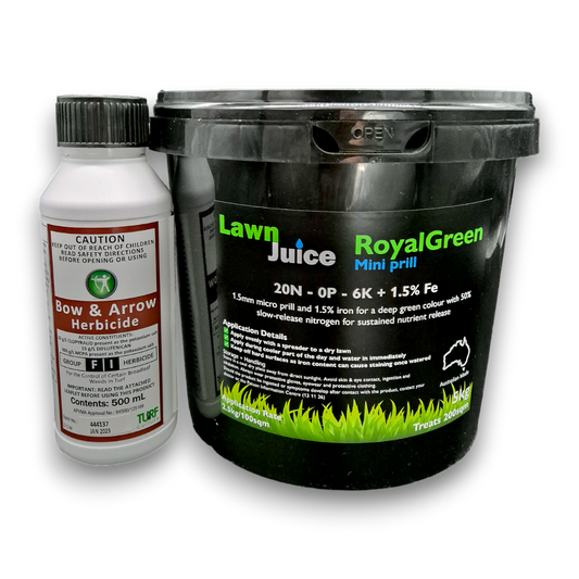 Lawn Juice Weed and Feed Mini-Prill bundle 200sqm – RoyalGreen mini-prill fertiliser and Bow and Arrow herbicide