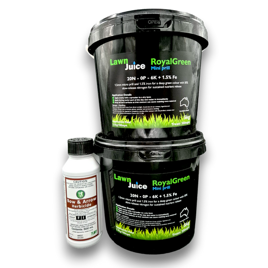 Lawn Juice Weed and Feed Mini-Prill bundle 400sqm – larger size RoyalGreen and Bow and Arrow herbicide pack