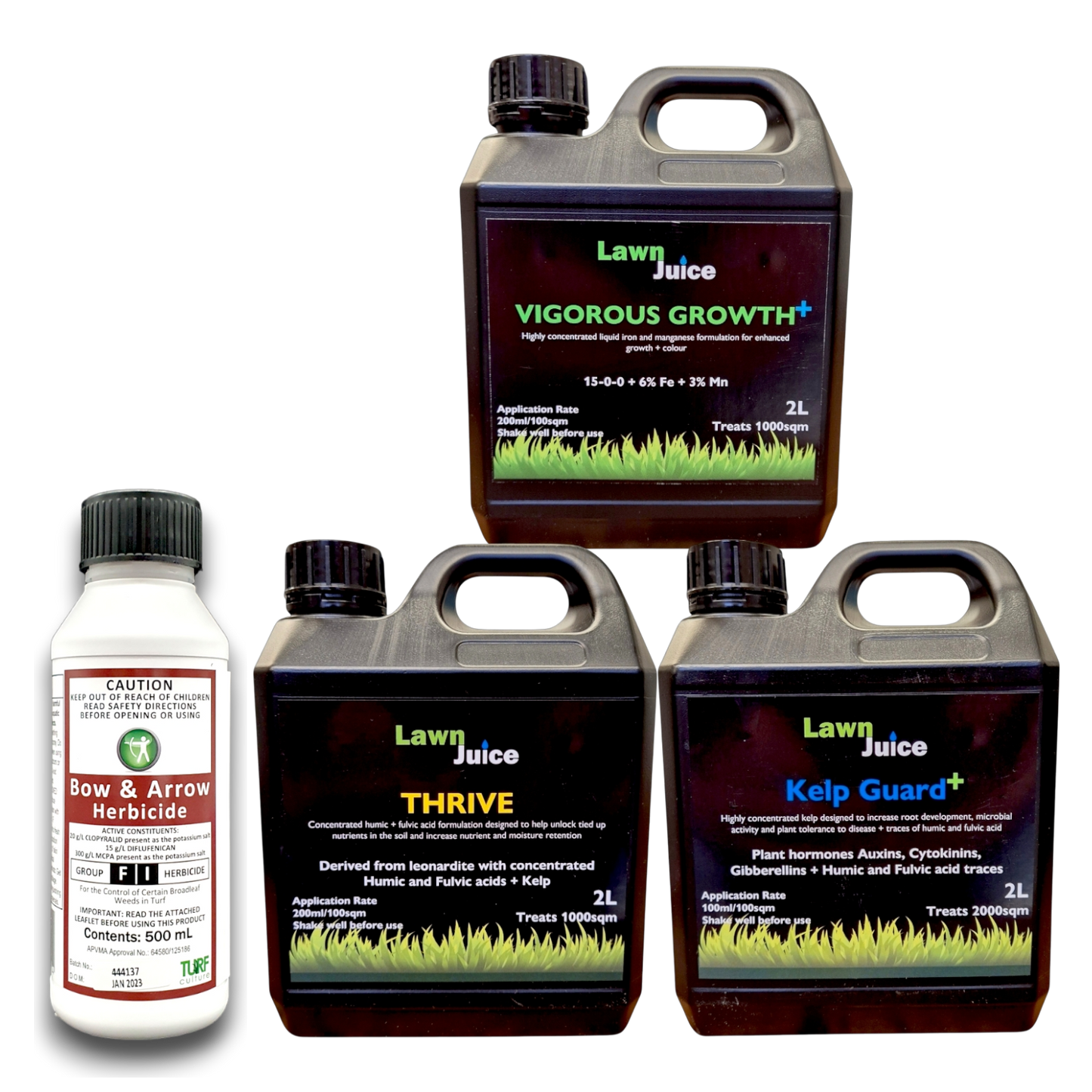 Lawn Juice Winter Bundle hero shot – Kelp Guard+, Thrive, Vigorous Growth+ and Bow and Arrow herbicide