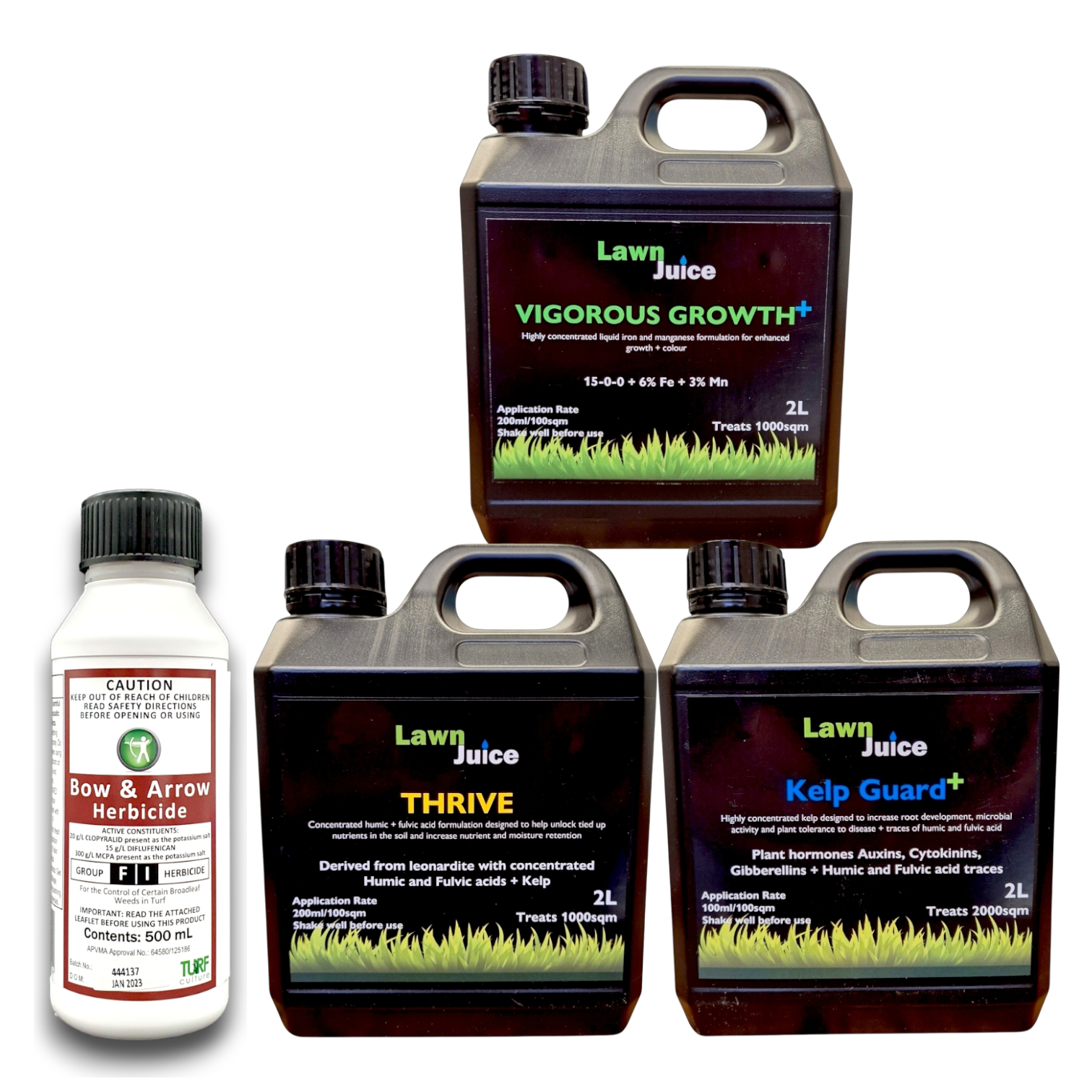 Lawn Juice Winter Bundle hero shot – Kelp Guard+, Thrive, Vigorous Growth+ and Bow and Arrow herbicide