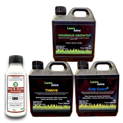 Lawn Juice Winter Bundle hero shot – Kelp Guard+, Thrive, Vigorous Growth+ and Bow and Arrow herbicide