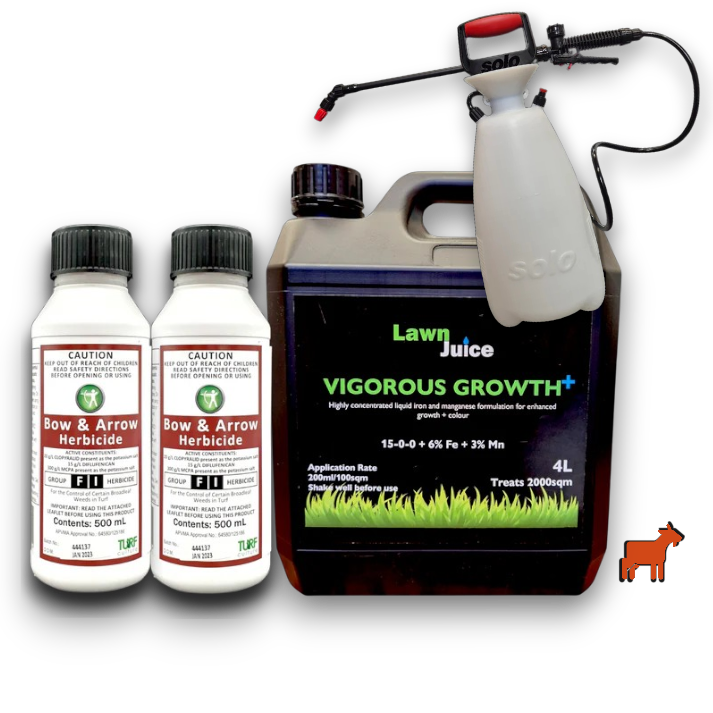 Lawn Juice Winter Weed and Feed 4L bundle showing Vigorous Growth+ and Bow and Arrow herbicide products