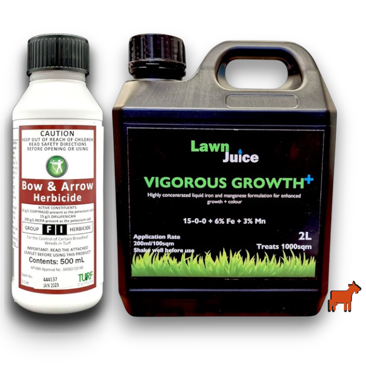 Lawn Juice Winter Weed and Feed liquid bundle – Bow and Arrow herbicide and Vigorous Growth+ fertiliser pack shot