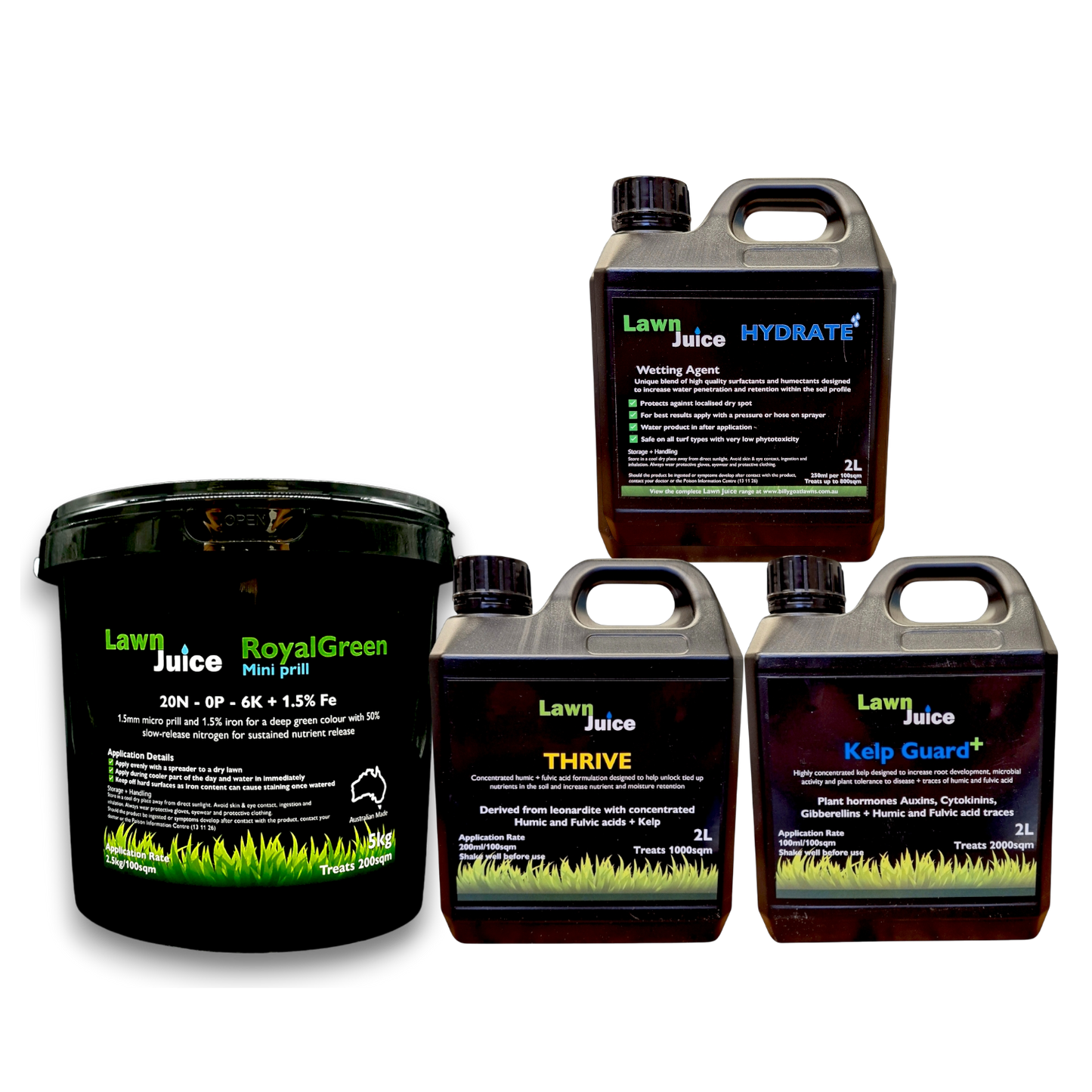 Lawn Rejuvenation Bundle – RoyalGreen fertiliser, Hydrate wetting agent, Thrive and Kelp Guard+ for dead lawn recovery