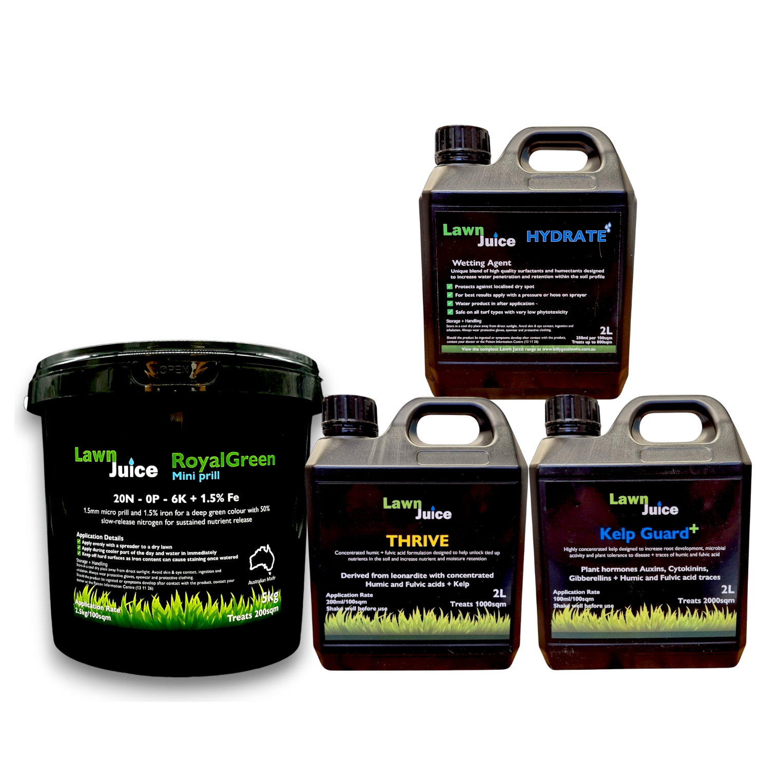 Lawn Rejuvenation Bundle – RoyalGreen fertiliser, Hydrate wetting agent, Thrive and Kelp Guard+ for dead lawn recovery