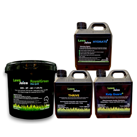 Lawn Rejuvenation Bundle – RoyalGreen fertiliser, Hydrate wetting agent, Thrive and Kelp Guard+ for dead lawn recovery